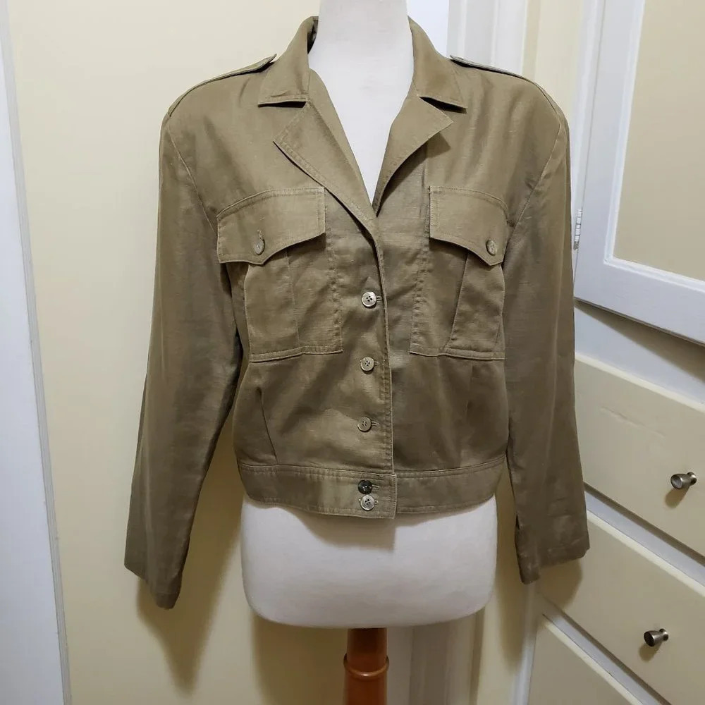 Safari Style • Vintage Evan Picone Linen Jacket • Olive Green • Size Medium